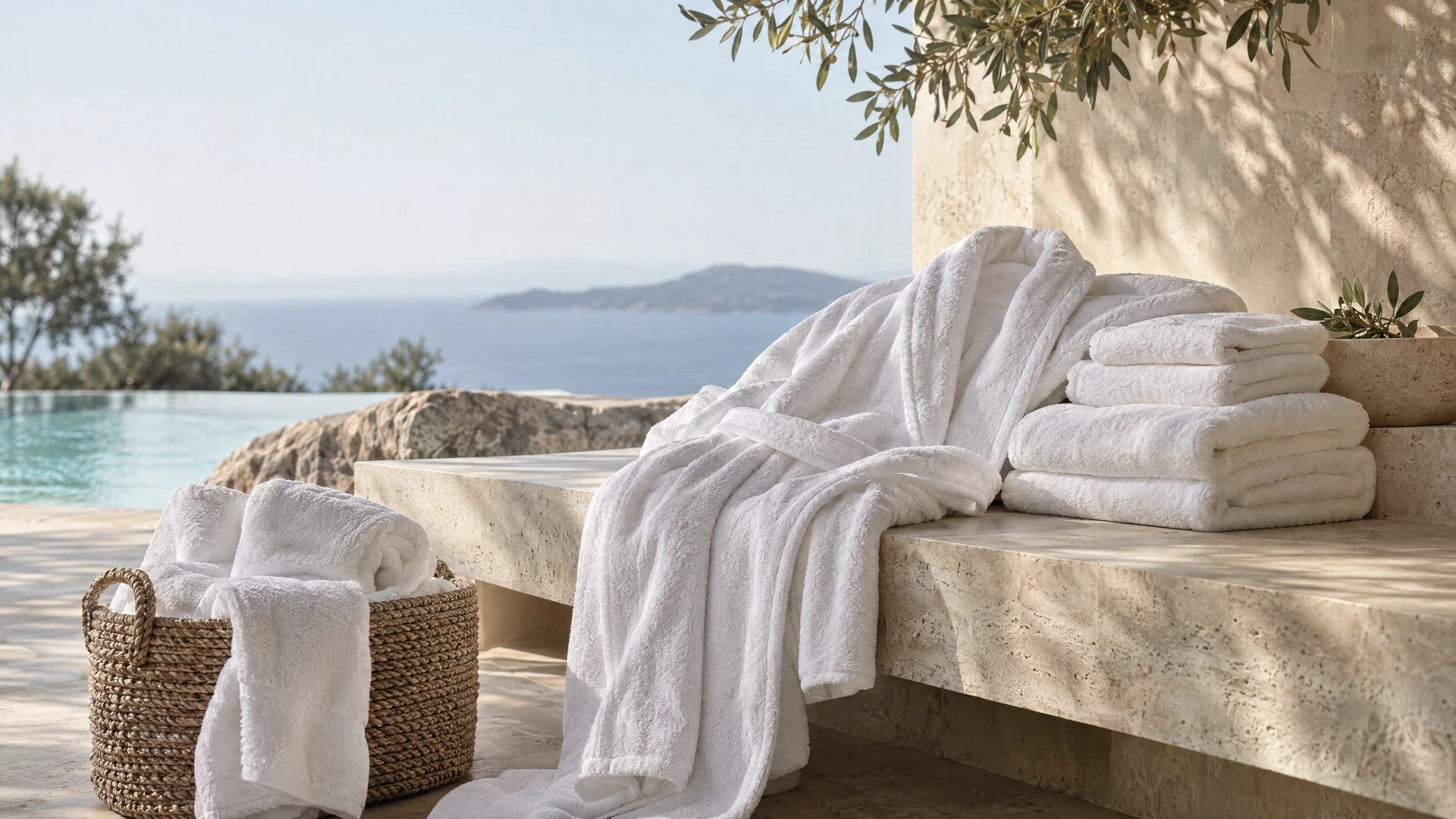 Concept visual of a white hotel bathrobe and an overfull stack of white towels in a luxury spa setting