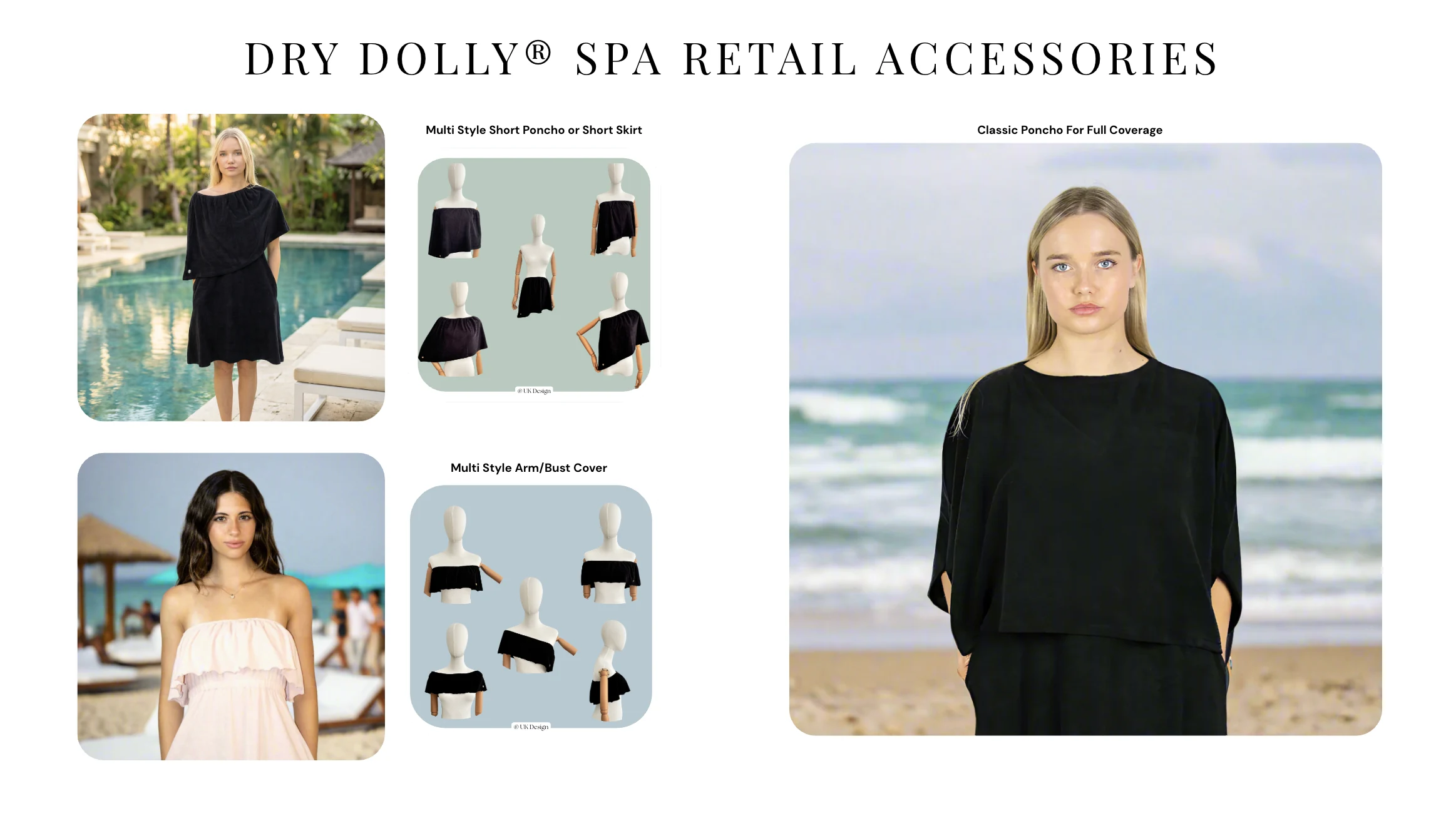 Dry Dolly Spa Retail Accessories board showing the Classic Poncho, Multi Style Short Poncho or Short Skirt, and Multi Style Arm or Bust Cover