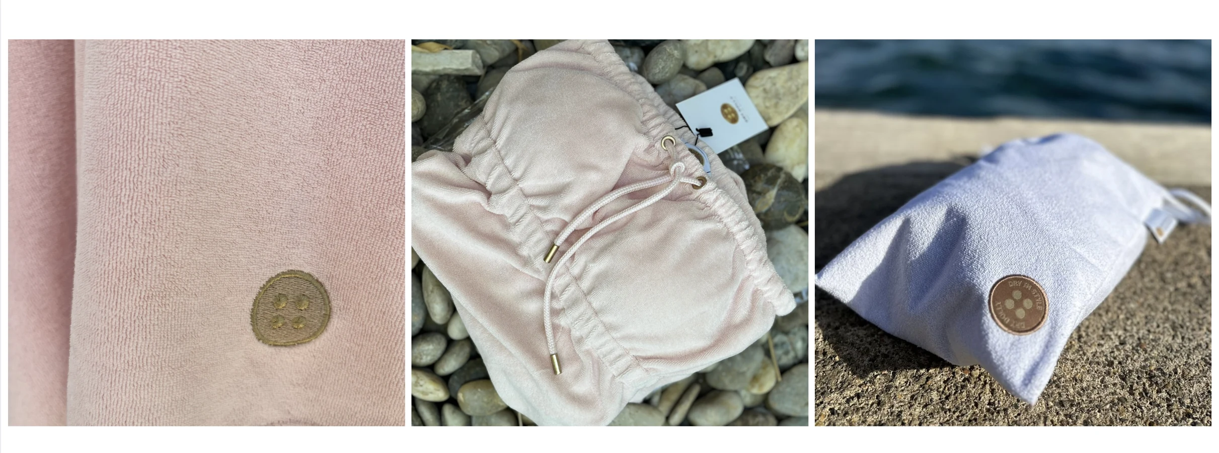 Close-up Dry Dolly product details showing pink towelling with a gold embroidered mark, an adjustable drawstring, and the Classic Waterproof Gift Bag