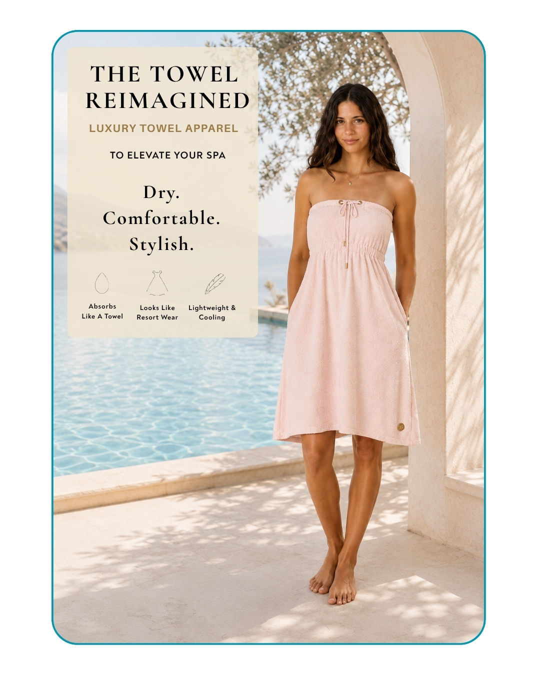 Dry Dolly luxury spa campaign artwork showing a woman in a pink towel dress beside a pool, with The Towel Reimagined message